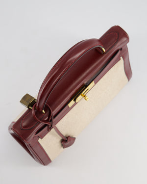 *HOT VINTAGE* Hermès Kelly 28cm Retourne Bag in Ecru Toile Canvas and Rouge H Box Calf Leather with Gold Hardware