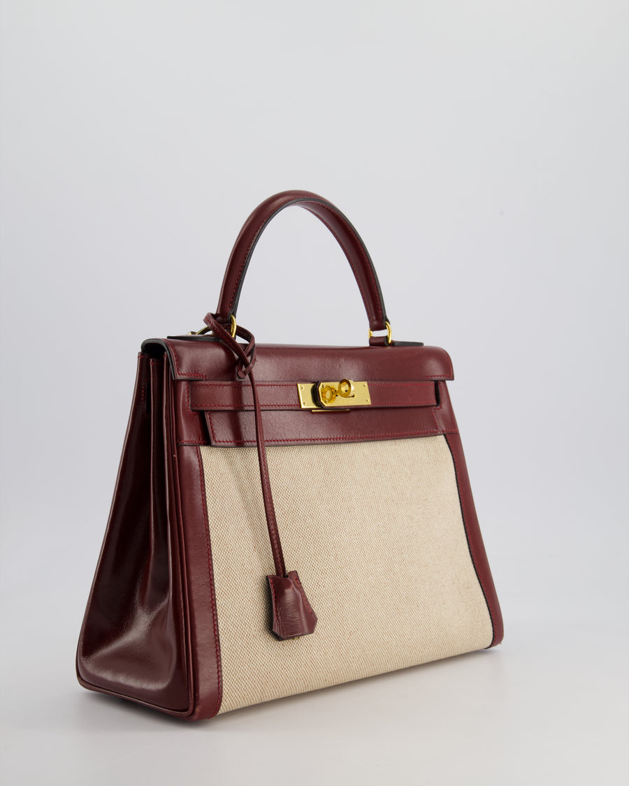 *HOT VINTAGE* Hermès Kelly 28cm Retourne Bag in Ecru Toile Canvas and Rouge H Box Calf Leather with Gold Hardware