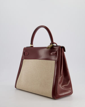 *HOT VINTAGE* Hermès Kelly 28cm Retourne Bag in Ecru Toile Canvas and Rouge H Box Calf Leather with Gold Hardware