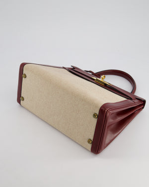 *HOT VINTAGE* Hermès Kelly 28cm Retourne Bag in Ecru Toile Canvas and Rouge H Box Calf Leather with Gold Hardware