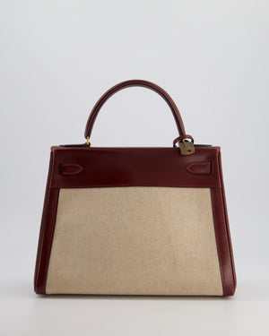 *HOT VINTAGE* Hermès Kelly 28cm Retourne Bag in Ecru Toile Canvas and Rouge H Box Calf Leather with Gold Hardware