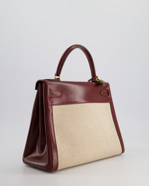 *HOT VINTAGE* Hermès Kelly 28cm Retourne Bag in Ecru Toile Canvas and Rouge H Box Calf Leather with Gold Hardware