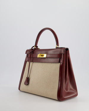 *HOT VINTAGE* Hermès Kelly 28cm Retourne Bag in Ecru Toile Canvas and Rouge H Box Calf Leather with Gold Hardware