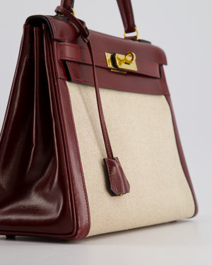 *HOT VINTAGE* Hermès Kelly 28cm Retourne Bag in Ecru Toile Canvas and Rouge H Box Calf Leather with Gold Hardware