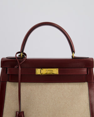 *HOT VINTAGE* Hermès Kelly 28cm Retourne Bag in Ecru Toile Canvas and Rouge H Box Calf Leather with Gold Hardware