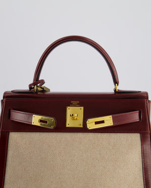 *HOT VINTAGE* Hermès Kelly 28cm Retourne Bag in Ecru Toile Canvas and Rouge H Box Calf Leather with Gold Hardware