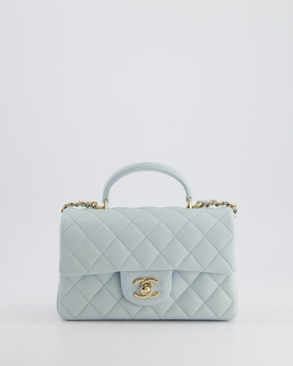 Chanel Baby Blue Mini Rectangular Top Handle Bag in Lambskin Leather with Champagne Gold Hardware