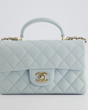 Chanel Baby Blue Mini Rectangular Top Handle Bag in Lambskin Leather with Champagne Gold Hardware