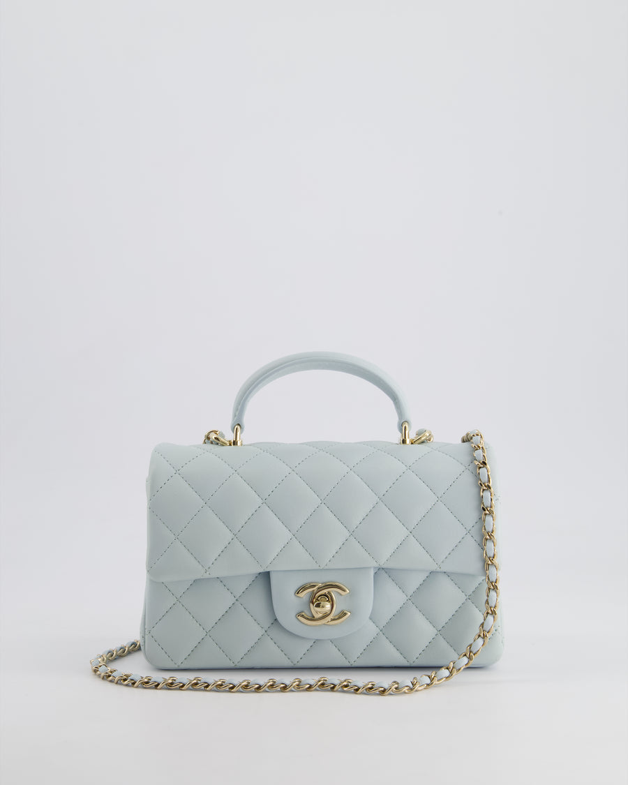 Chanel Baby Blue Mini Rectangular Top Handle Bag in Lambskin Leather with Champagne Gold Hardware