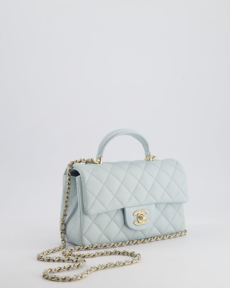 Chanel Baby Blue Mini Rectangular Top Handle Bag in Lambskin Leather with Champagne Gold Hardware