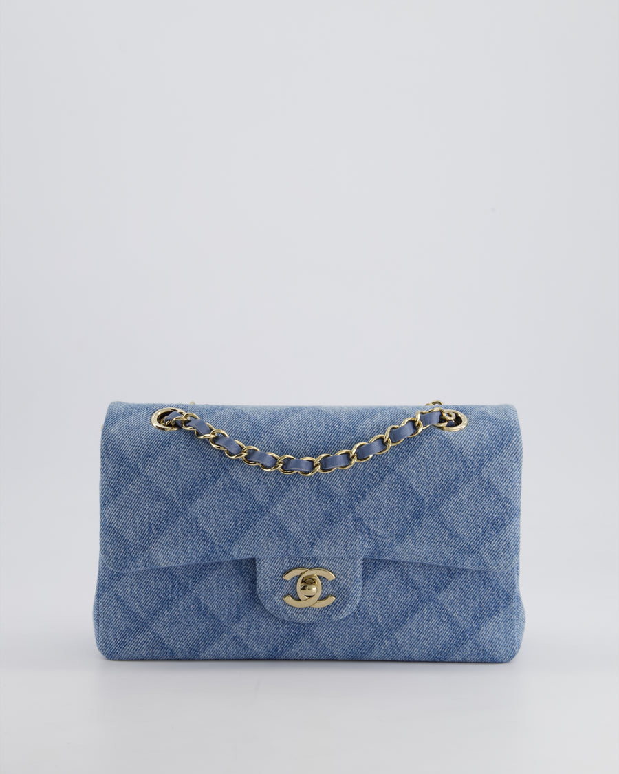 *HOT* Chanel Blue Denim Small Double Flap Bag With Quilting Detail and Champagne Gold Hardware