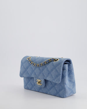 *HOT* Chanel Blue Denim Small Double Flap Bag With Quilting Detail and Champagne Gold Hardware