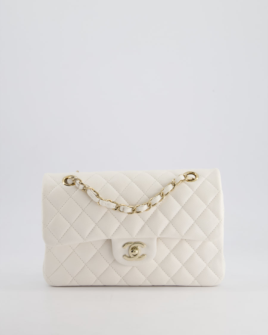 Chanel White Small Classic Double Flap Bag in Caviar Leather with Champagne Gold Hardware