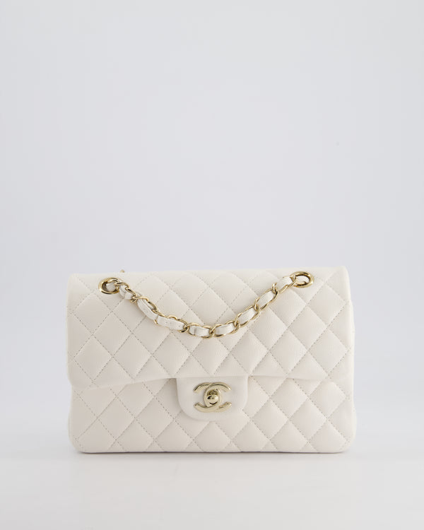 Chanel White Small Classic Double Flap Bag in Caviar Leather with Silver Hardware