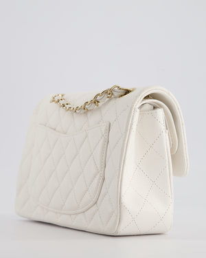 Chanel White Small Classic Double Flap Bag in Caviar Leather with Champagne Gold Hardware