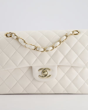 Chanel White Small Classic Double Flap Bag in Caviar Leather with Champagne Gold Hardware