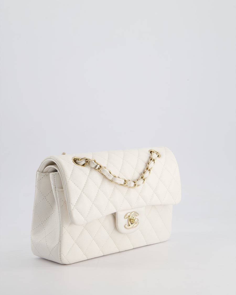 Chanel White Small Classic Double Flap Bag in Caviar Leather with Champagne Gold Hardware