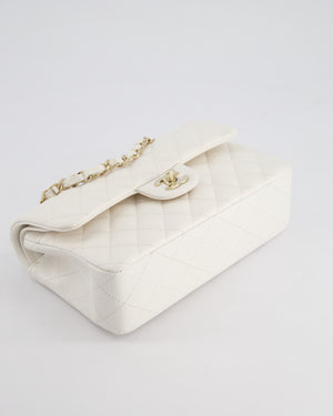 Chanel White Small Classic Double Flap Bag in Caviar Leather with Champagne Gold Hardware