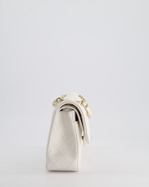 Chanel White Small Classic Double Flap Bag in Caviar Leather with Champagne Gold Hardware