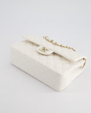 Chanel White Small Classic Double Flap Bag in Caviar Leather with Champagne Gold Hardware