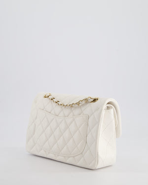 Chanel White Small Classic Double Flap Bag in Caviar Leather with Champagne Gold Hardware