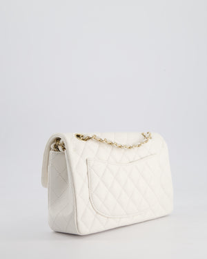 Chanel White Small Classic Double Flap Bag in Caviar Leather with Champagne Gold Hardware