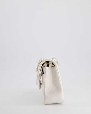 Chanel White Small Classic Double Flap Bag in Caviar Leather with Champagne Gold Hardware