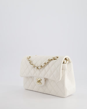 Chanel White Small Classic Double Flap Bag in Caviar Leather with Champagne Gold Hardware