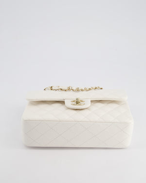 Chanel White Small Classic Double Flap Bag in Caviar Leather with Champagne Gold Hardware