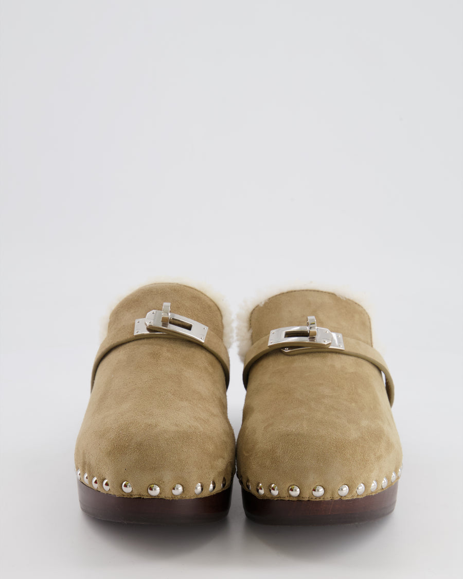 Hermès Beige Leather Carlotta Mules with Fur Detail Size EU 37