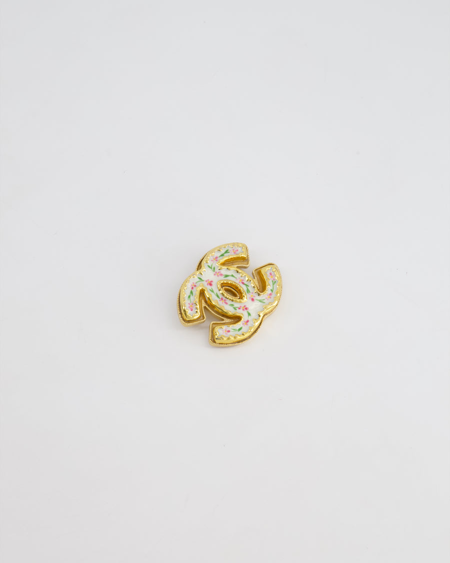 Chanel Gold CC Brooch with Flower Enamel Painting Detail