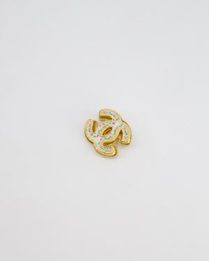 Chanel Gold CC Brooch with Flower Enamel Painting Detail