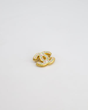 Chanel Gold CC Brooch with Flower Enamel Painting Detail