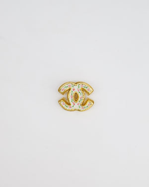 Chanel Gold CC Brooch with Flower Enamel Painting Detail