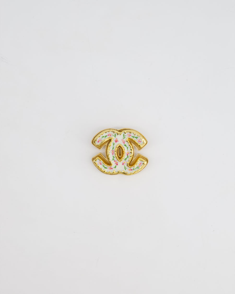 Chanel Gold CC Brooch with Flower Enamel Painting Detail