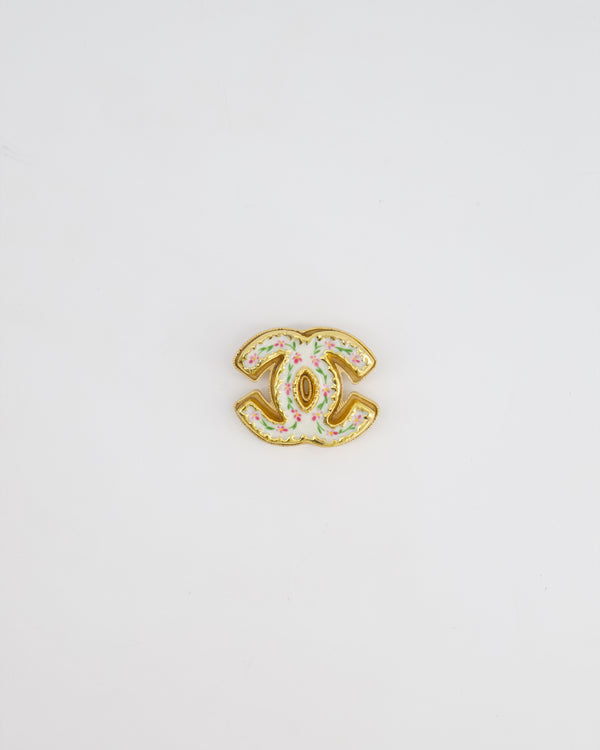 Chanel Gold CC Brooch with Flower Enamel Painting Detail