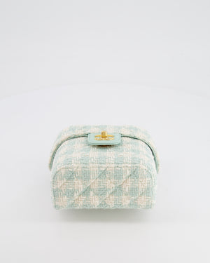 Chanel Baby Blue & White Tweed Mini Top Handle Flap Bag with Mat Gold Hardware