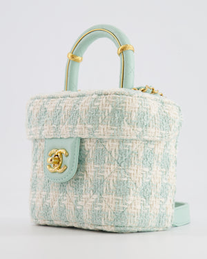 Chanel Baby Blue & White Tweed Mini Top Handle Flap Bag with Mat Gold Hardware