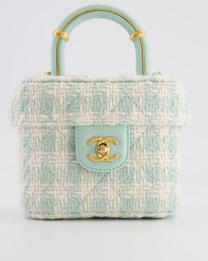 Chanel Baby Blue & White Tweed Mini Top Handle Flap Bag with Mat Gold Hardware