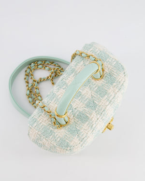 Chanel Baby Blue & White Tweed Mini Top Handle Flap Bag with Mat Gold Hardware