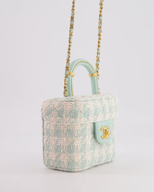 Chanel Baby Blue & White Tweed Mini Top Handle Flap Bag with Mat Gold Hardware