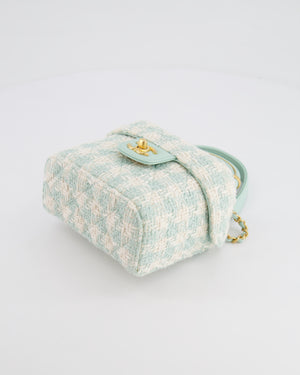 Chanel Baby Blue & White Tweed Mini Top Handle Flap Bag with Mat Gold Hardware