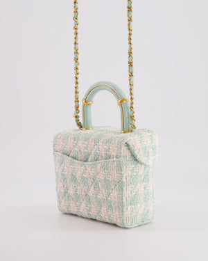 Chanel Baby Blue & White Tweed Mini Top Handle Flap Bag with Mat Gold Hardware