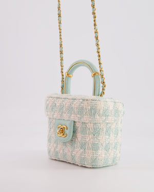 Chanel Baby Blue & White Tweed Mini Top Handle Flap Bag with Mat Gold Hardware