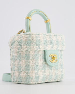 Chanel Baby Blue & White Tweed Mini Top Handle Flap Bag with Mat Gold Hardware