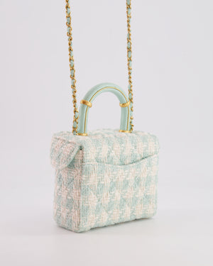 Chanel Baby Blue & White Tweed Mini Top Handle Flap Bag with Mat Gold Hardware