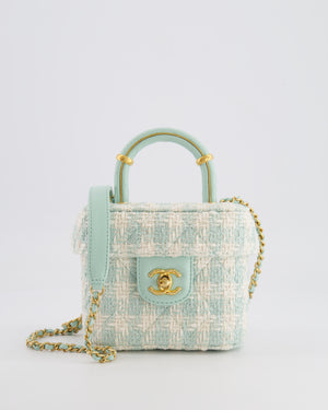 Chanel Baby Blue & White Tweed Mini Top Handle Flap Bag with Mat Gold Hardware