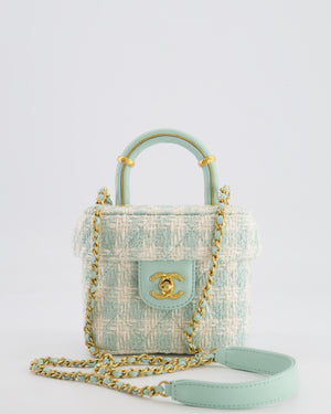 Chanel Baby Blue & White Tweed Mini Top Handle Flap Bag with Mat Gold Hardware