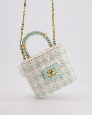 Chanel Baby Blue & White Tweed Mini Top Handle Flap Bag with Mat Gold Hardware