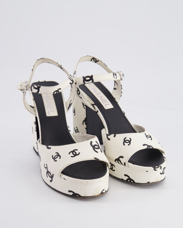 Chanel White & Black Platform Open-Toe Heels with CC Logo Size EU 39